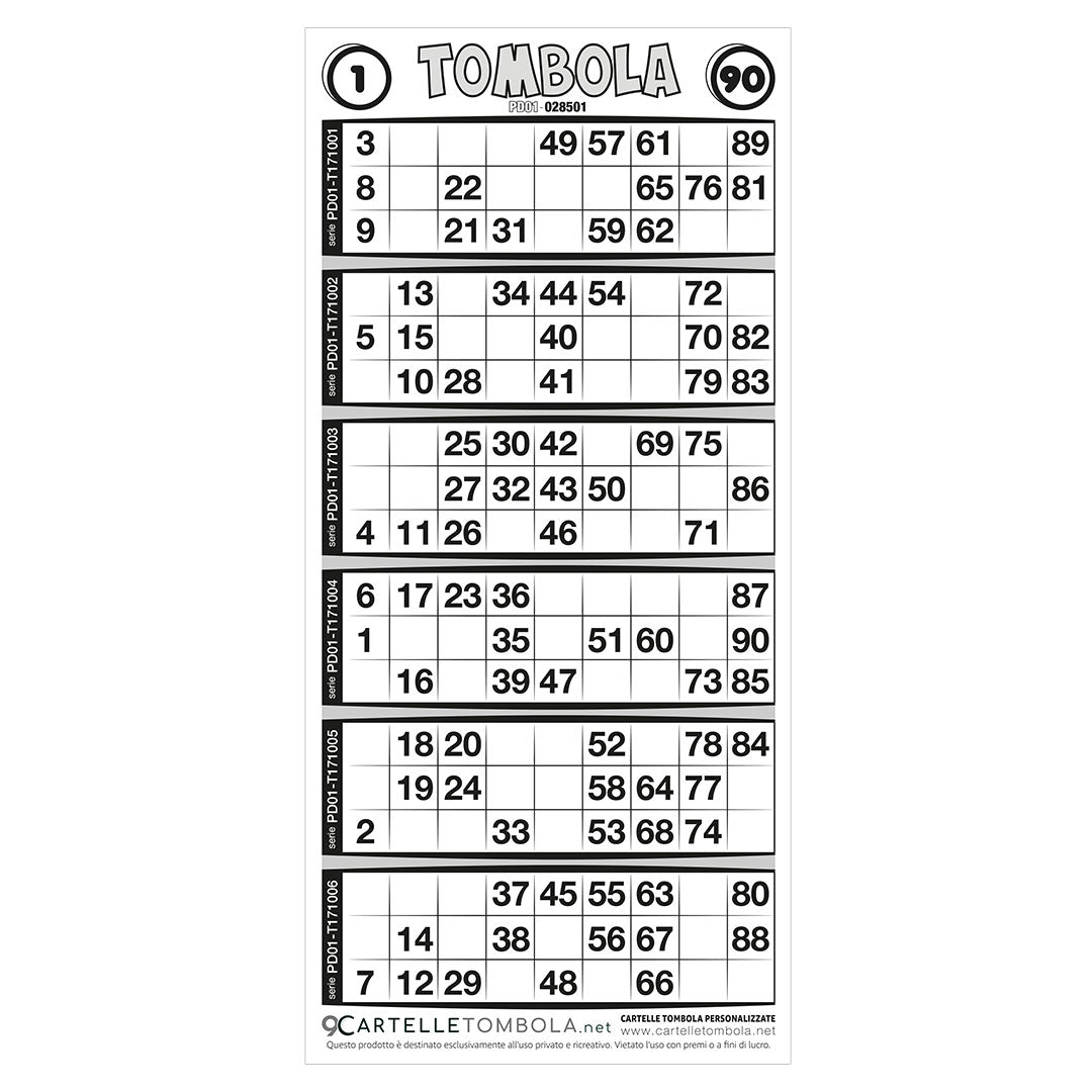 Cartelle TOMBOLA CLASSICA 6 tabelle formato 15x32 cm