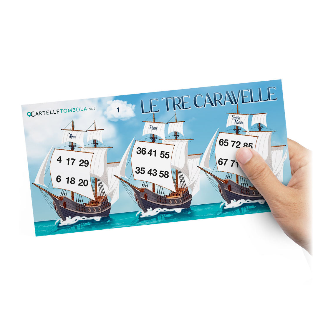 Cartelle tombola gioco LE TRE CARAVELLE formato 21x10 cm