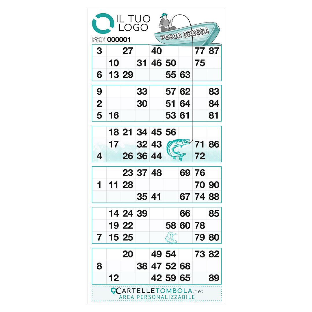 Cartelle tombola gioco PESCA GROSSA formato 15x32 cm