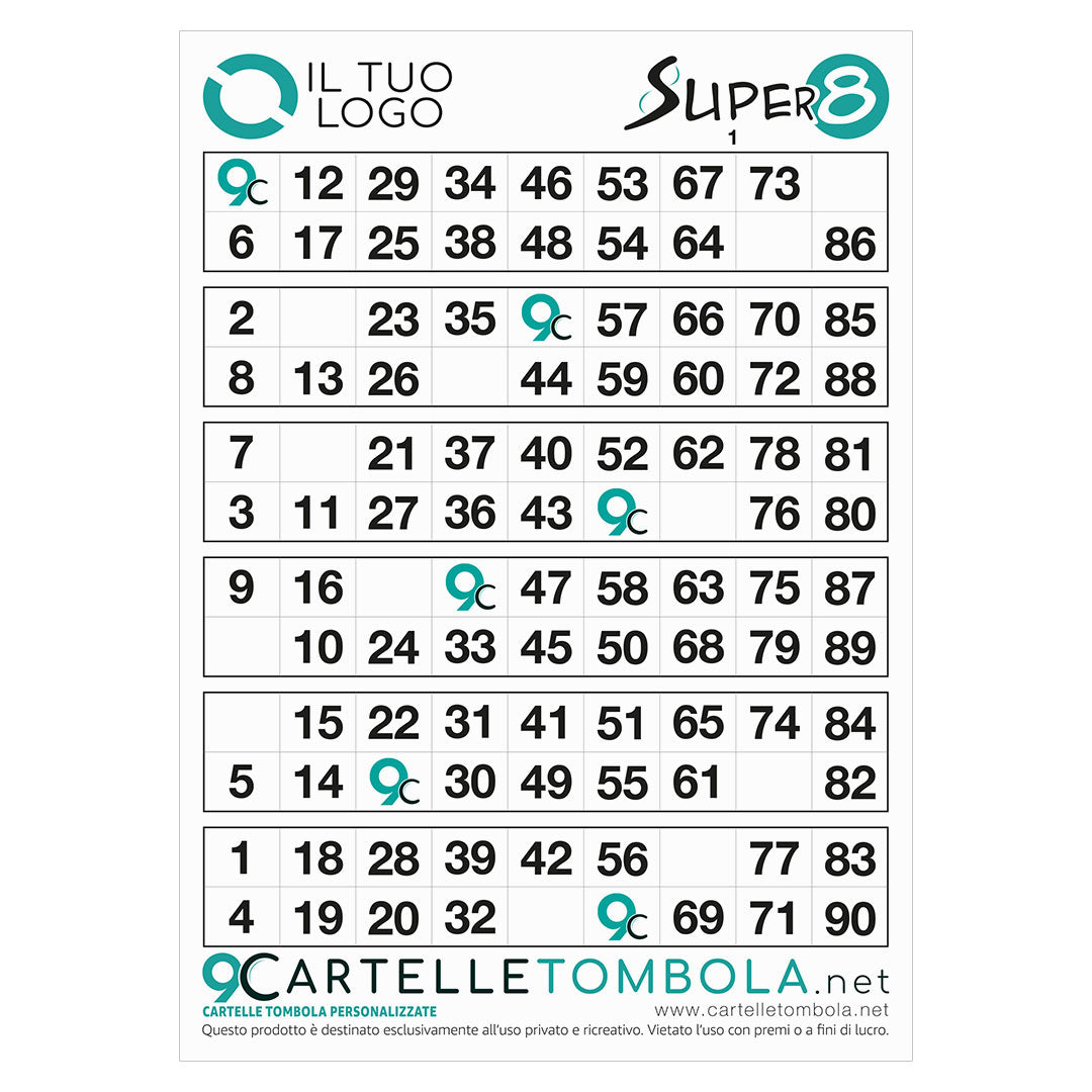 Cartelle tombola gioco SUPER OTTO formato 16x21 cm